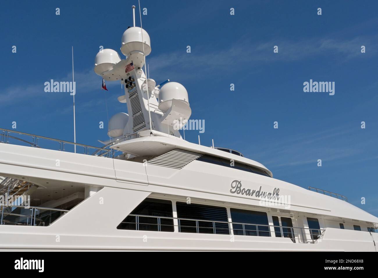 Galveston, Texas - February 2023: Luxury superyacht Boardwalk owned by Houston-based billionaire Tilman Fertitta. He owns restaurant giant Landry's, t Stock Photo