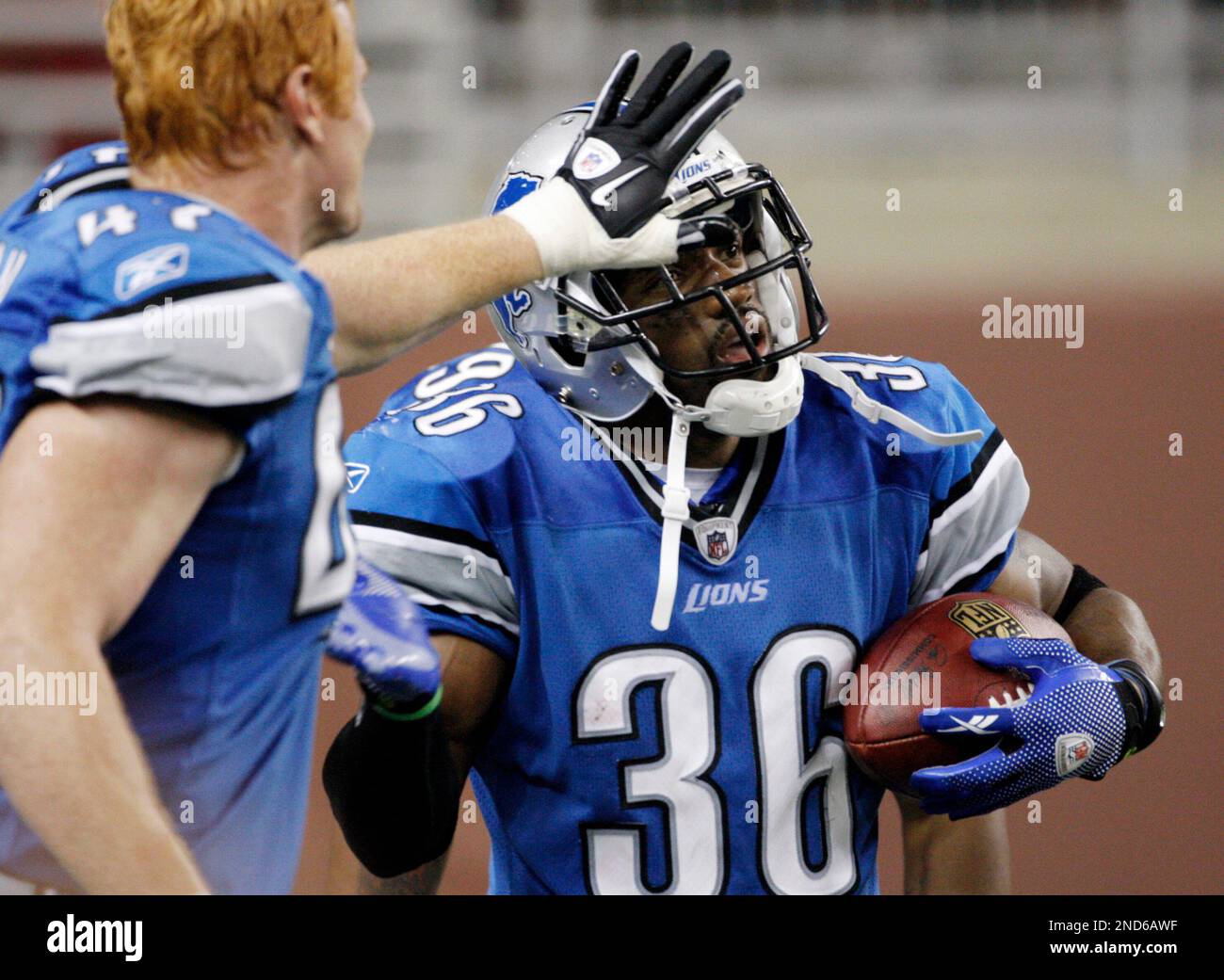 Detroit Lions cornerback Paul Pratt points at the line of scrimmage, in the  third quarter of a preseason NFL football game with the Buffalo Bills,  Thursday, Sept. 2, 2010, in Detroit. The