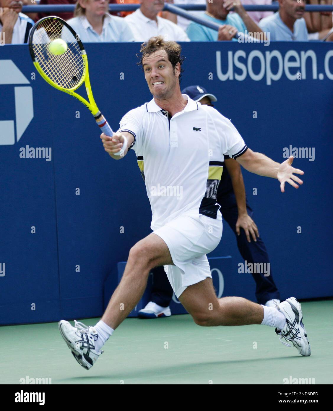 Richard Gasquet of France returns the ball to Nikolay Davydenko of Russia at the U.S. Open tennis tournament in New York, Thursday, Sept. 2, 2010