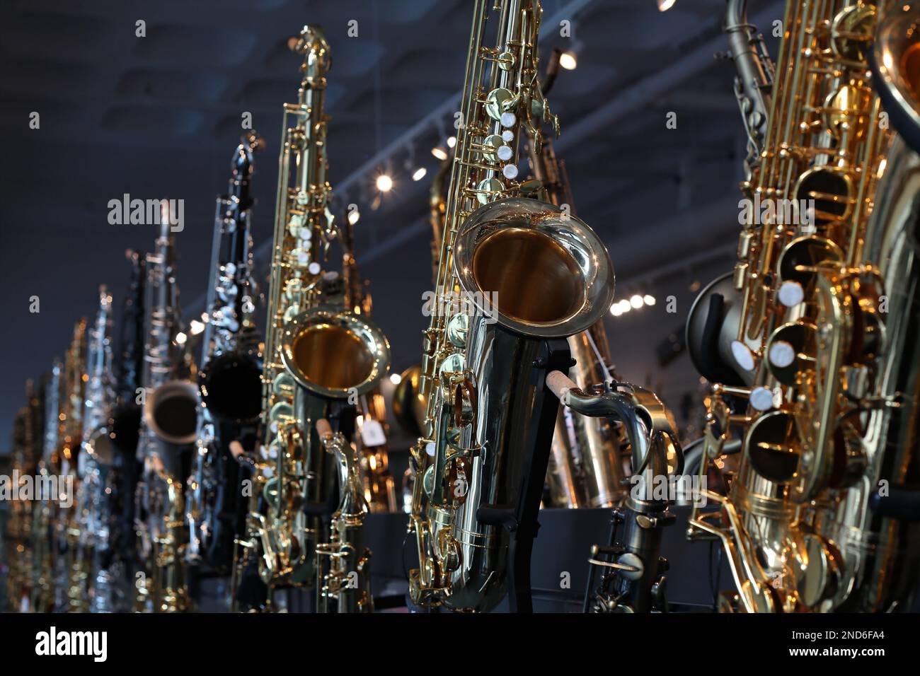 Saxophones to sell in a shop Stock Photo Alamy