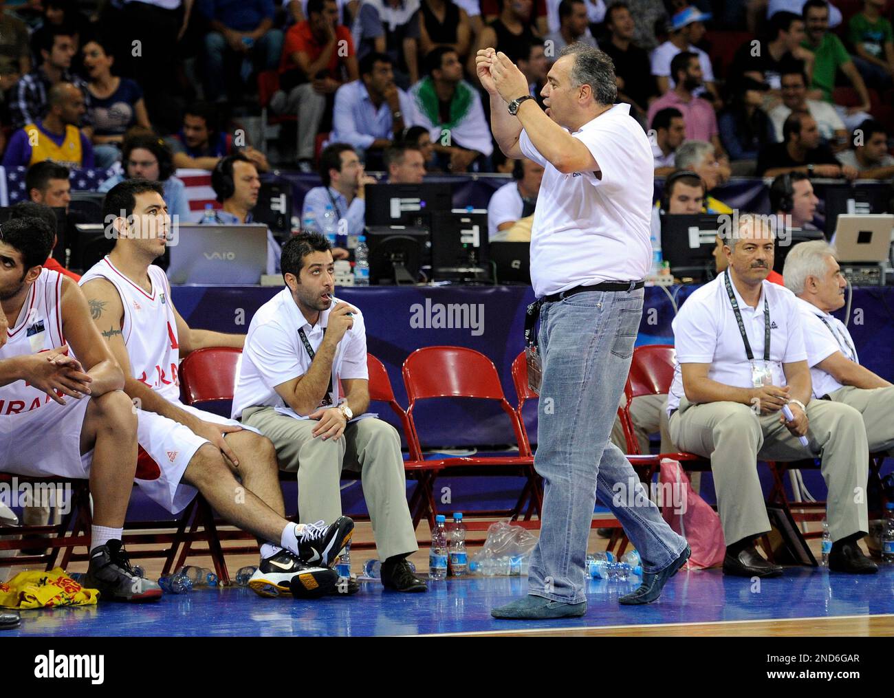 Iran head coach Veselin Matic, right, reacts to a call during the