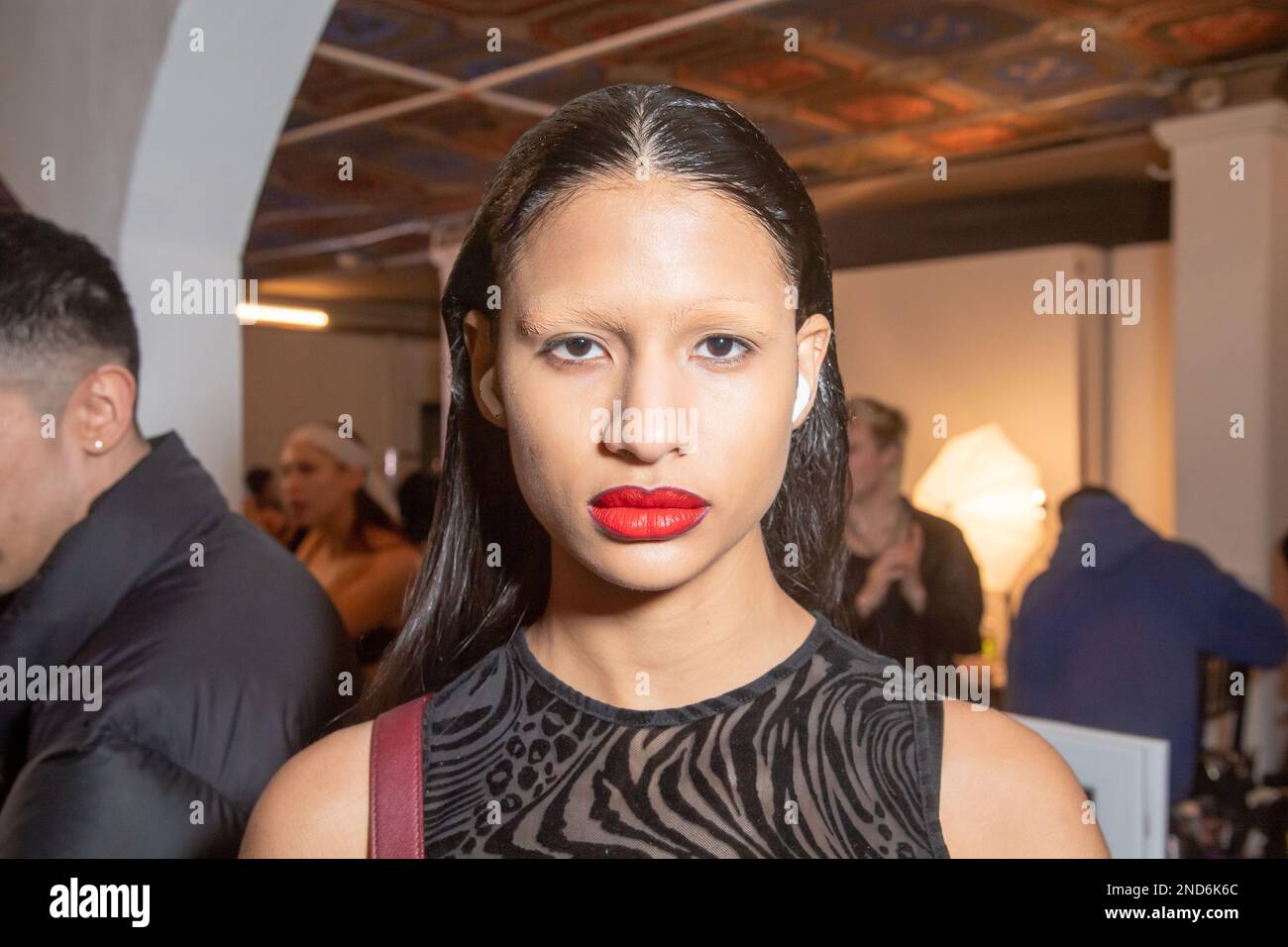NEW YORK, NEW YORK FEBRUARY 14 A model poses backstage at the Luis De Javier fashion show at