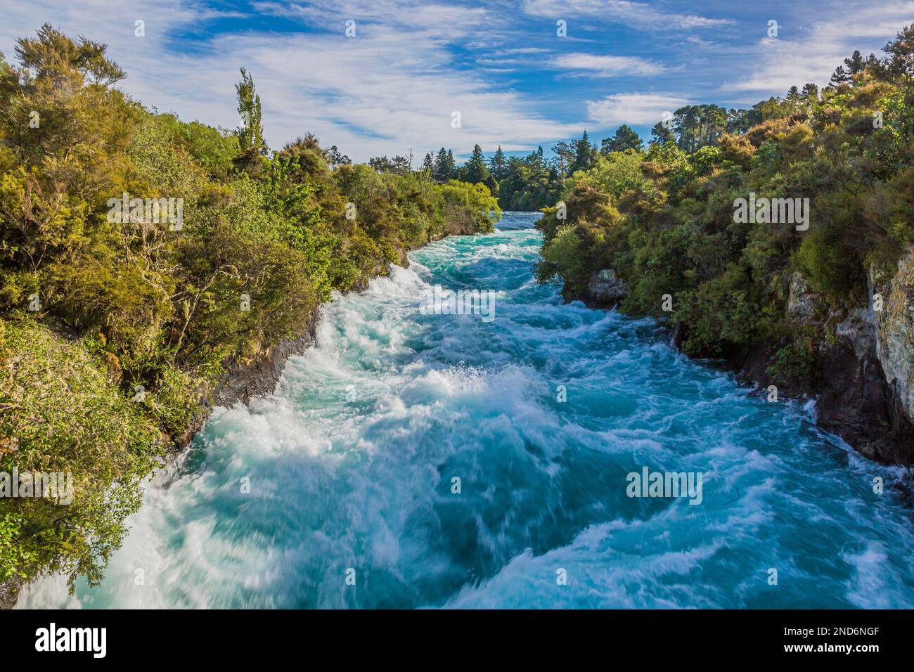 View on rough water stream on northern island of New Zealand during daytime in summer Stock Photo