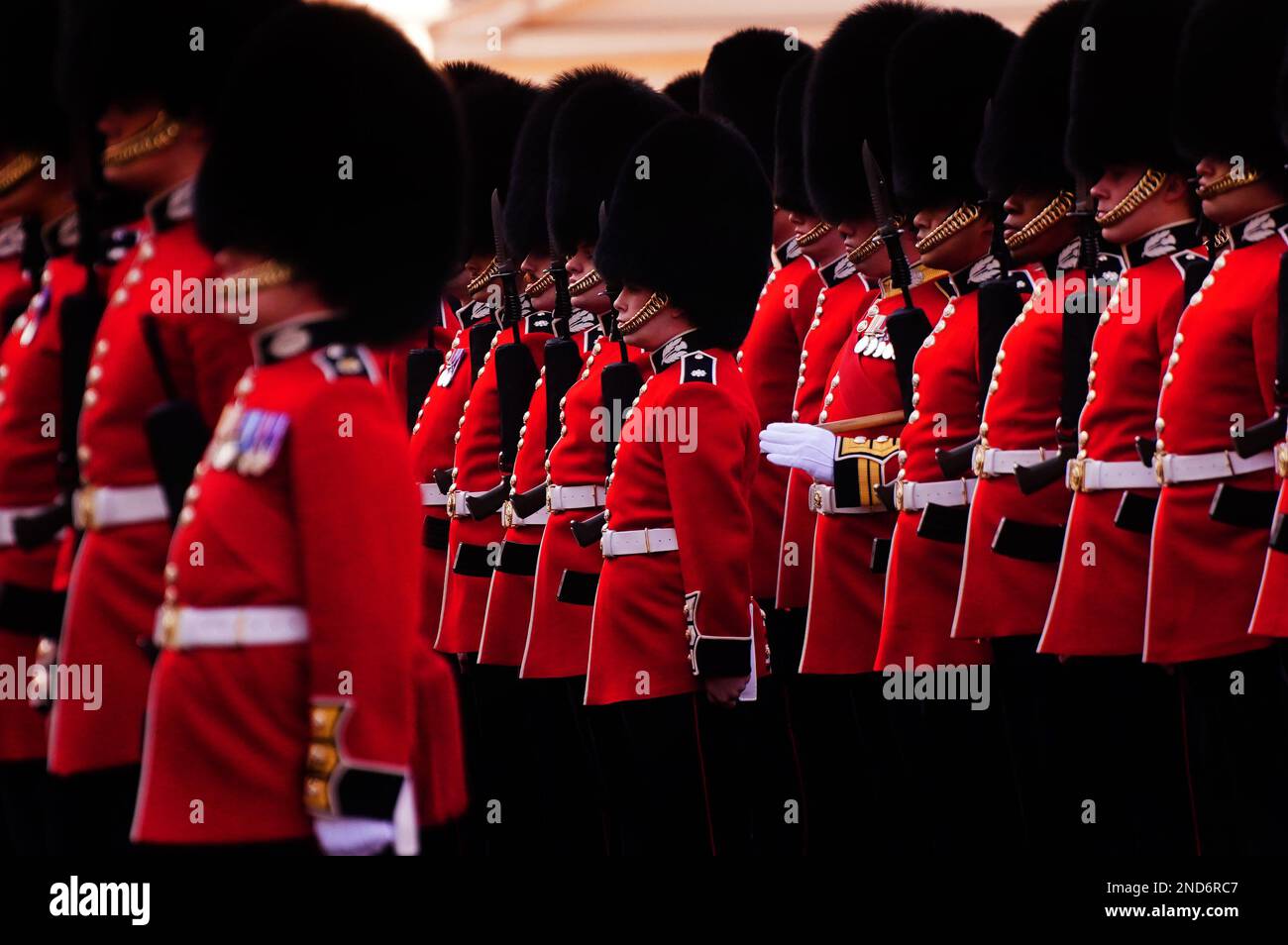 Members of F Company Scots Guards prepare for inspection by Major General Commanding the Household Division, Christopher Ghika at Wellington Barracks, London, the first of this year's annual inspections to confirm troops are fit to conduct state ceremonial and public duties. Picture date: Wednesday February 15, 2023. Stock Photo