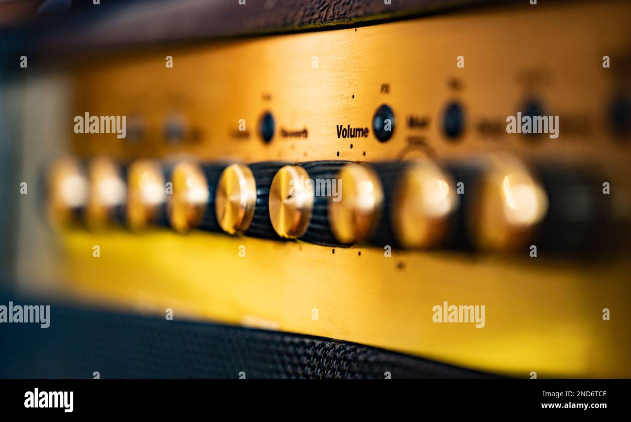 Electric guitar amp level controls Stock Photo Alamy