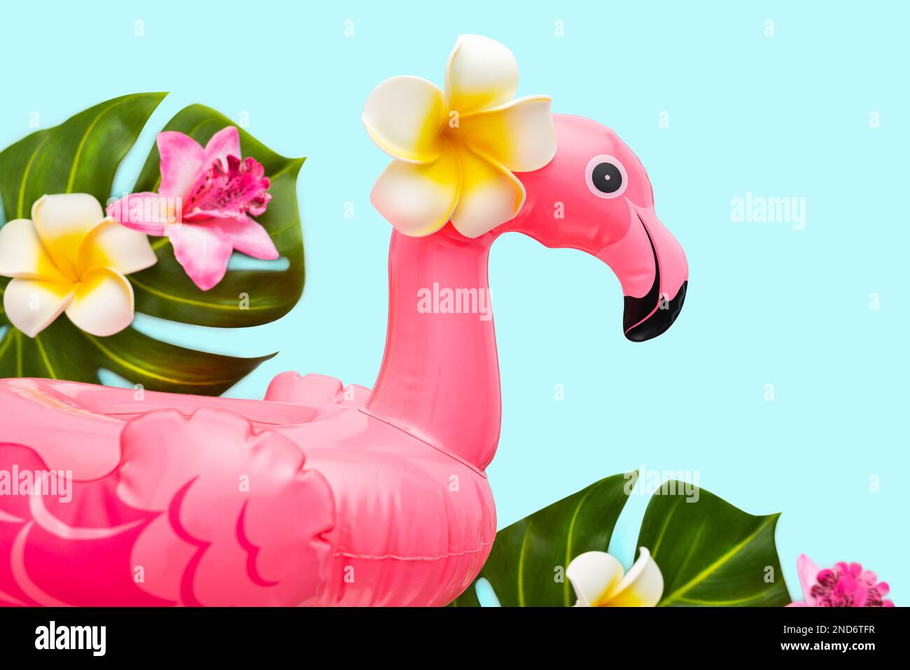 Pink flamingo, tropical leaf monstera and orchid flowers on light background. Summer beach party concept. Flat lay, copy space. Stock Photo