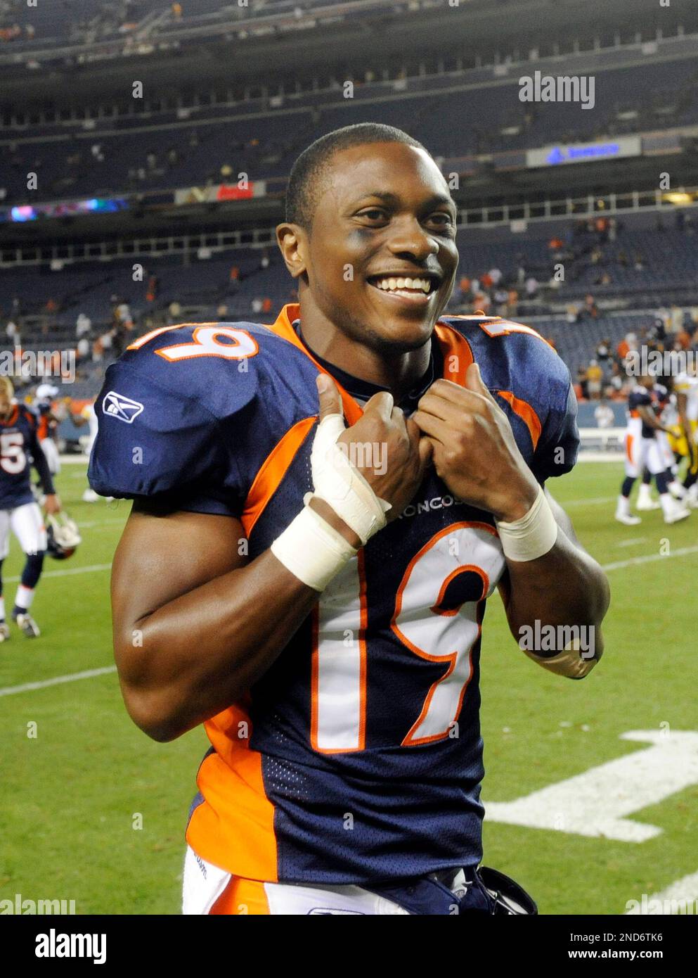 Denver Broncos wide receiver Eddie Royal runs onto the field before the  first quarter of an NFL football game against the Indianapolis Colts in  Denver on Sunday, Sept. 26, 2010. Colts won