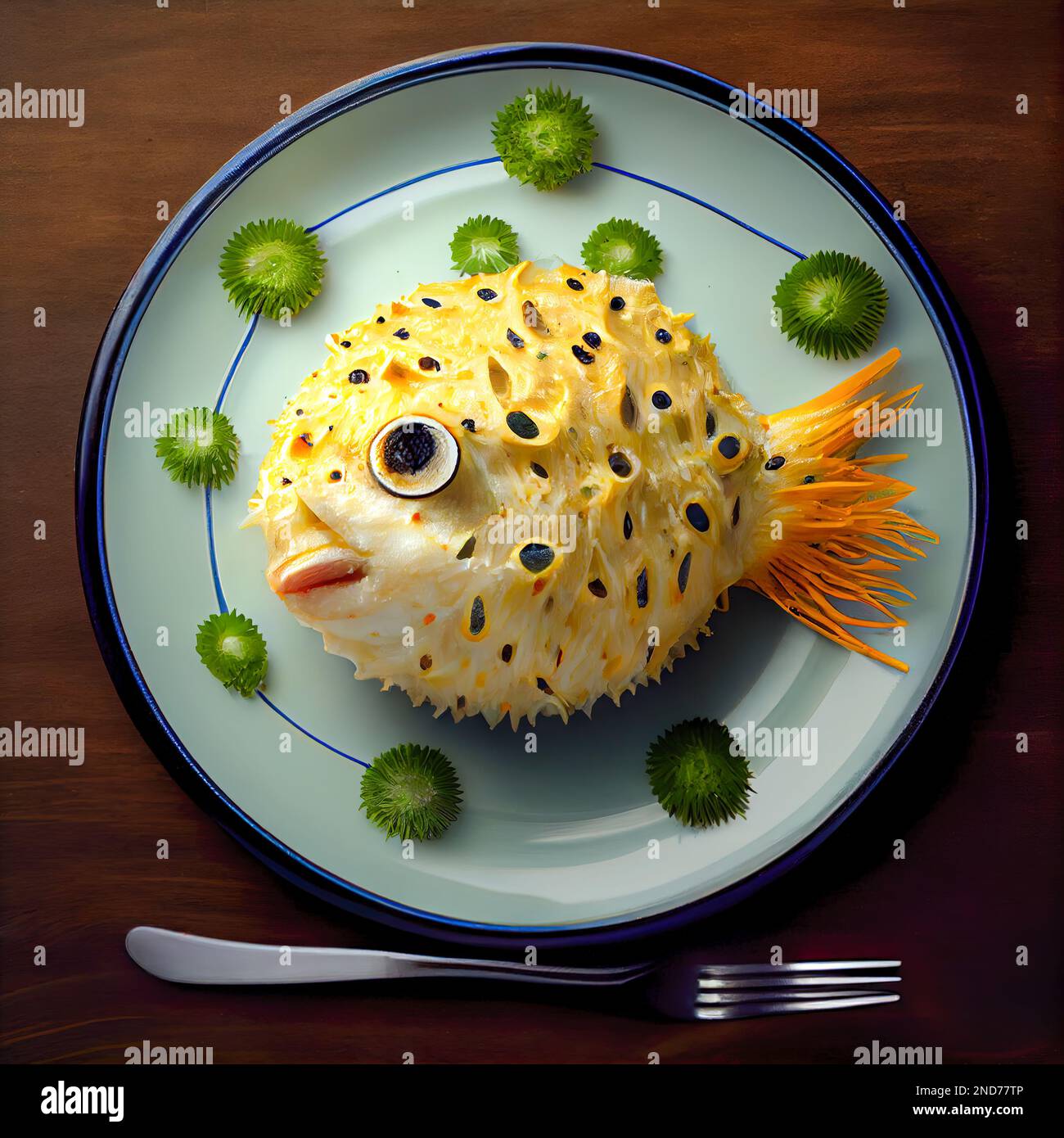 3d illustration cooked puffer fish on a plate. Generative AI Stock Photo -  Alamy