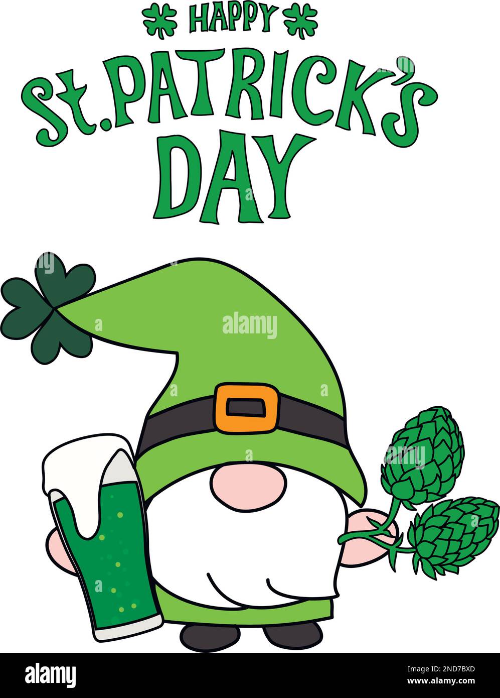 Hand drawn vector gnome with green beer and hop plant with st patrick's day greeting Stock Vector