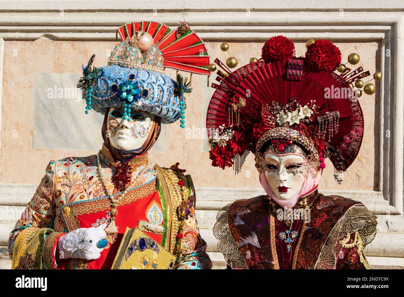 12 February 2023, Venice, Italy. Revellers in colourful costumes celebrate the 2023 Carnival in Venice. Stock Photo