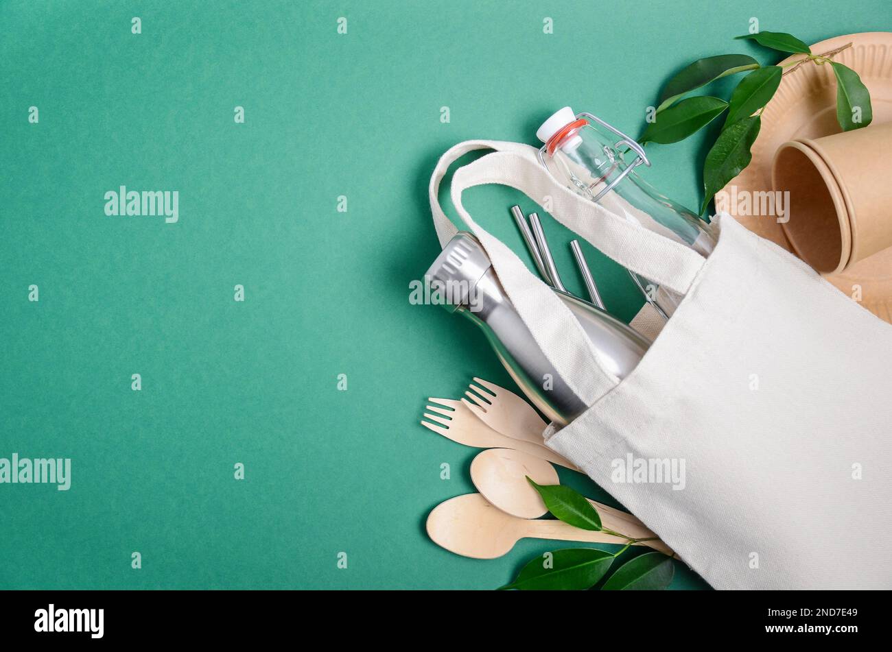 Eco friendly shopping bag with cutlery. Zero waste concept. Plastic free concept. Top view, flat lay, copy space. Stock Photo