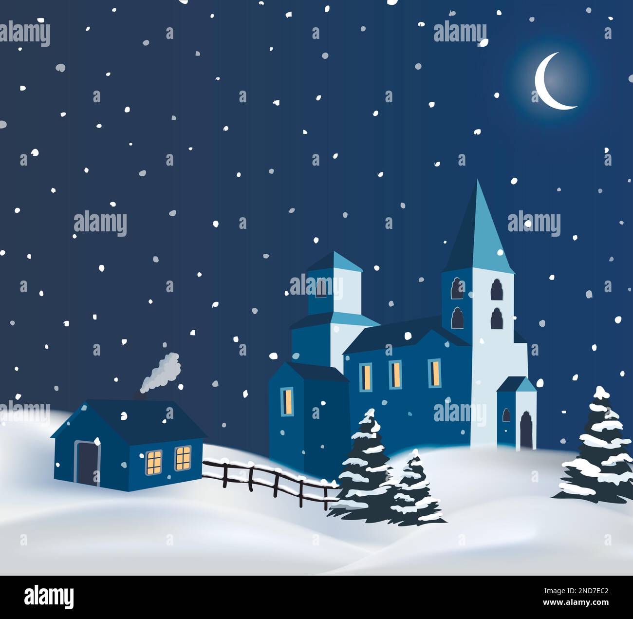 Vector night winter snowy countryside illustration Stock Vector