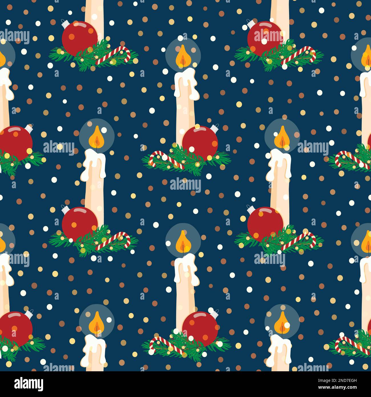 Vector hand drawn cartoon seamless pattern of a burning candle and Christmas decor Stock Vector