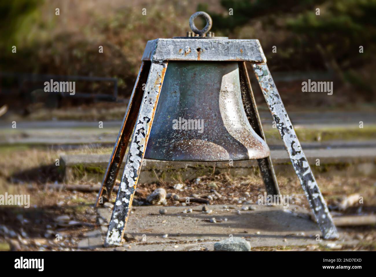 WA22968-00...WASHINGTON - Old, well used, bell on display at West Point Lighthouse in Seattle's Discovery Park. Stock Photo