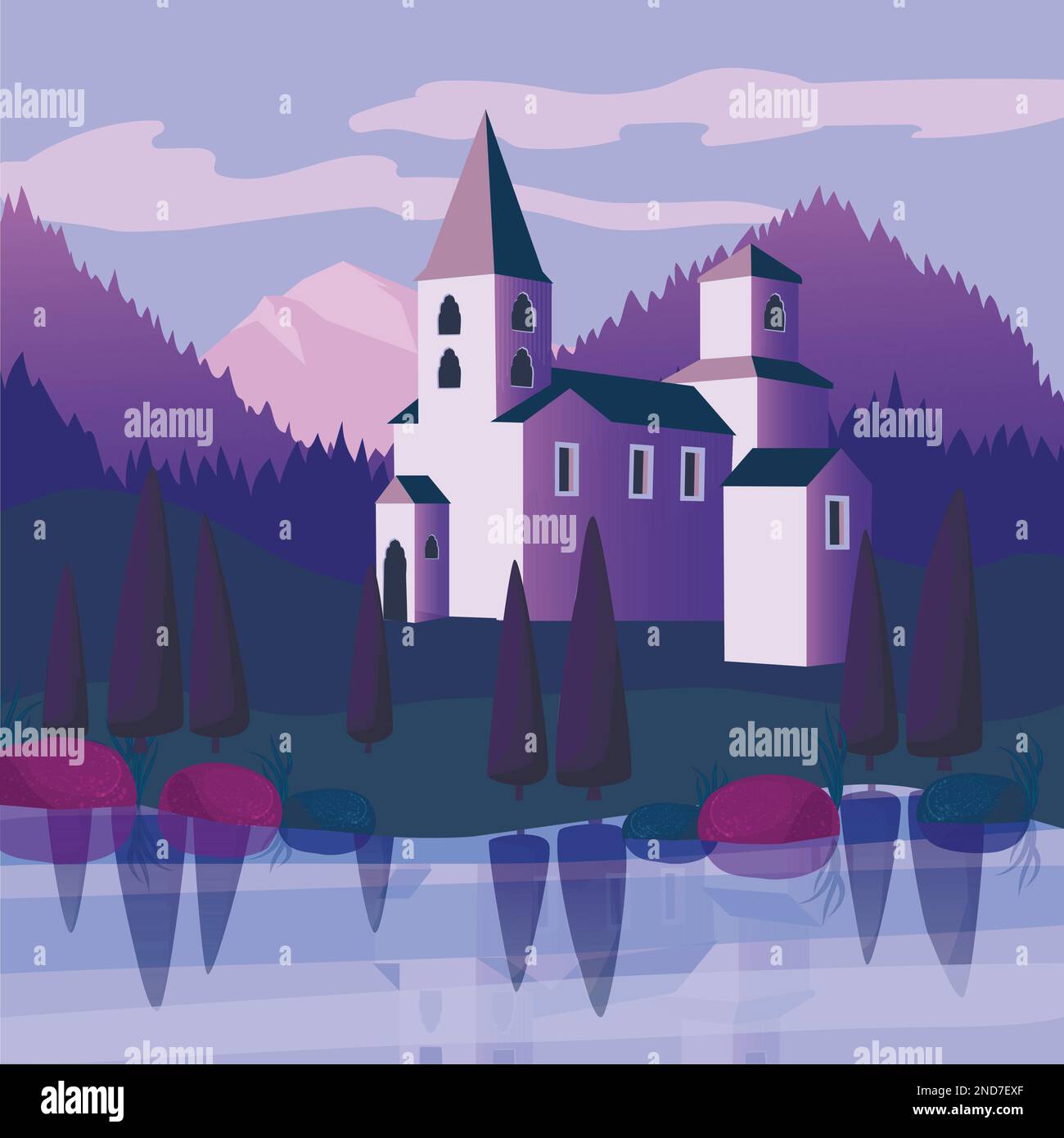 Vector illustration of an evening or dawn church or castle at the lake in the mountains Stock Vector