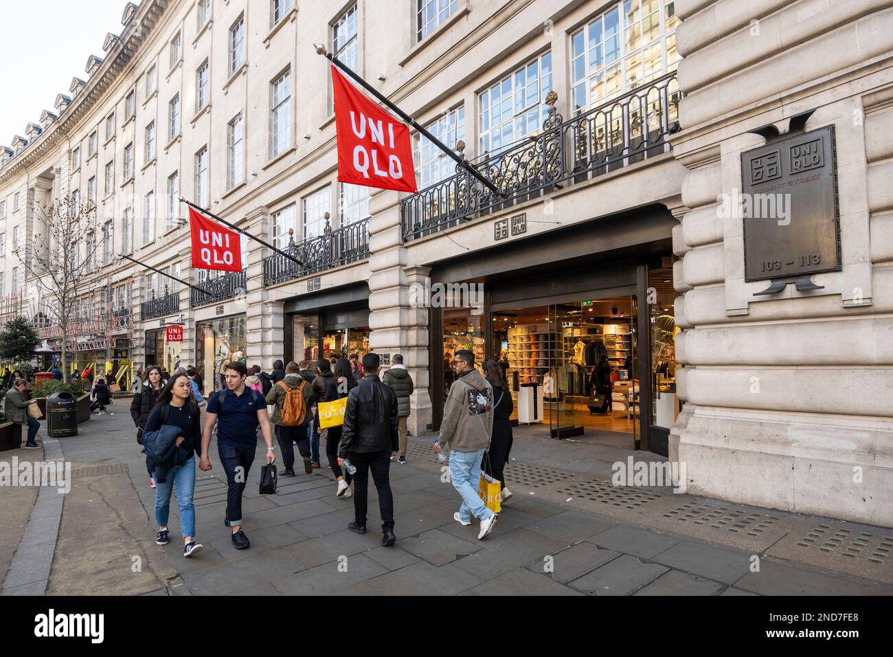 London, UK. 15 February 2023. Uniqlo store on Regent Street. New research  by property agent Knight Frank shows that retailers in some popular central  London streets will pay an estimated £222m in
