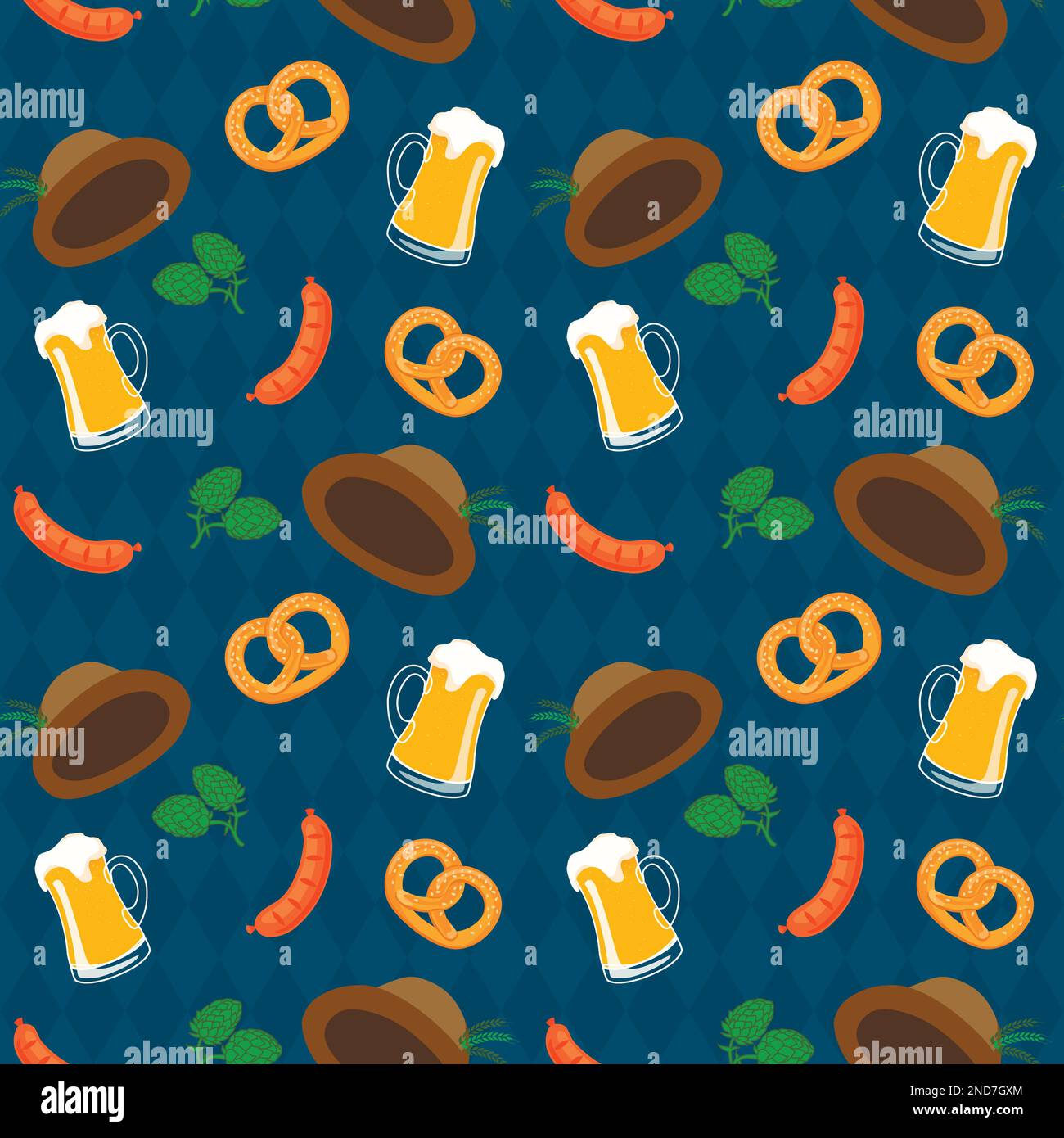 Vector seamless pattern of oktoberfest with pretzels, beer mugs etc ...