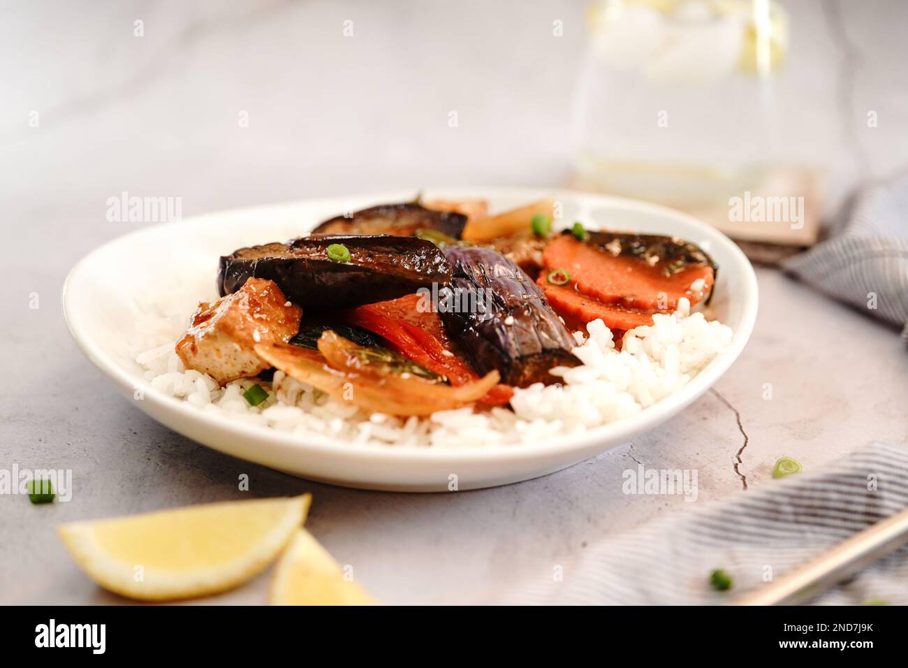 Stir fried Thai Eggplant with vegetables in sweet sauce served with
