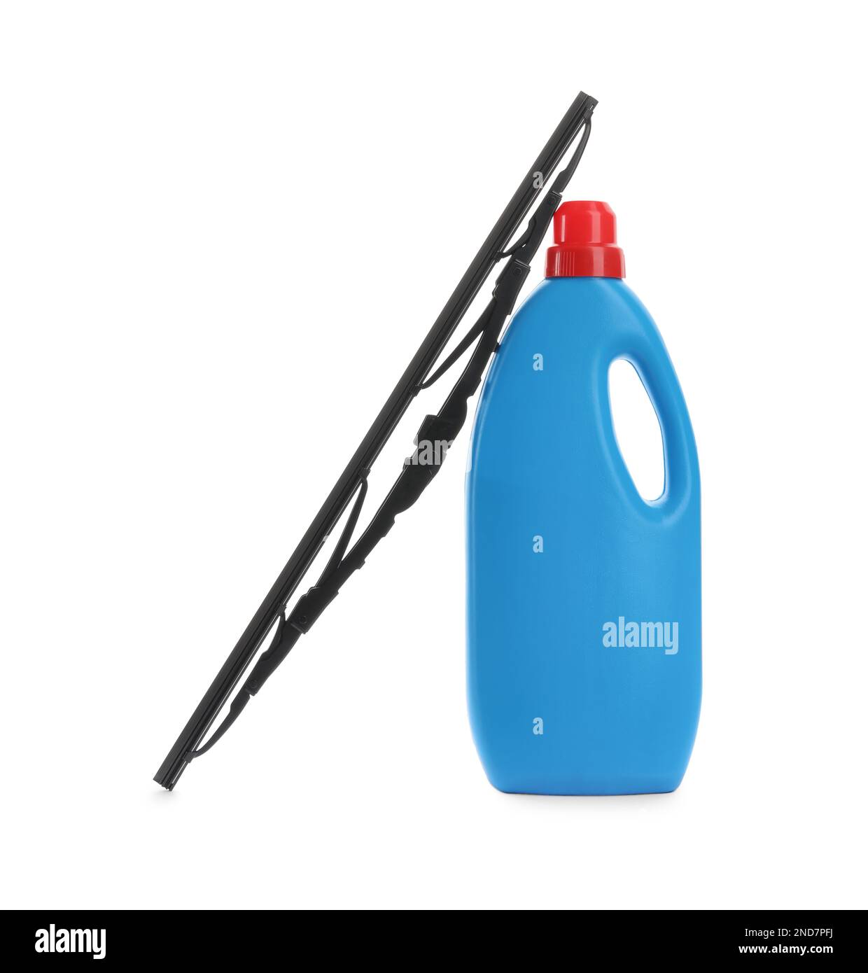Bottle of windshield washer fluid and wiper on white background Stock