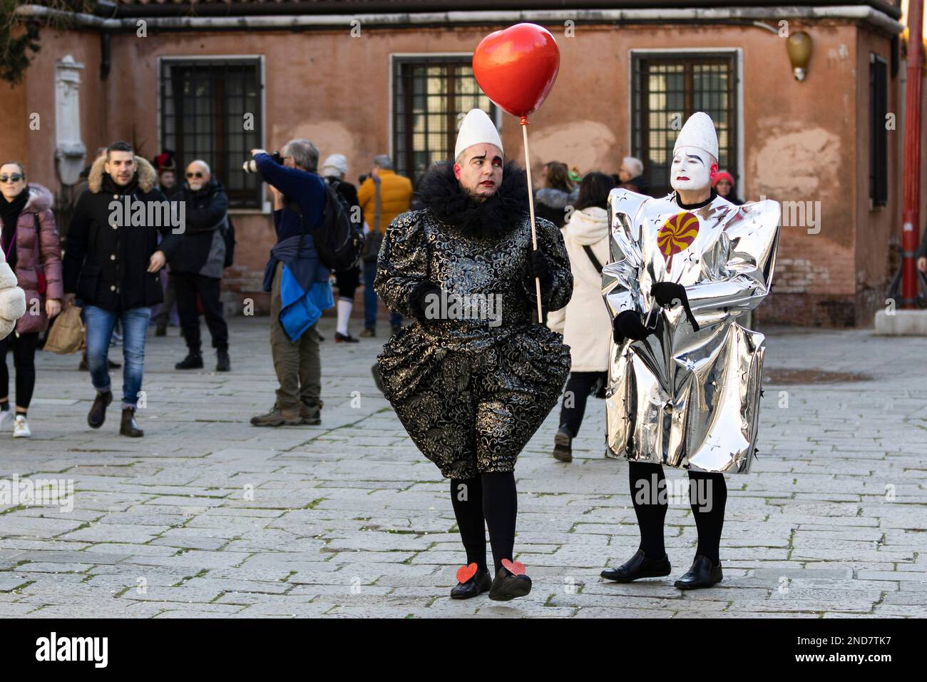 12 February 2023, Venice, Italy. Revellers in colourful costumes celebrate the 2023 Carnival in Venice. Stock Photo