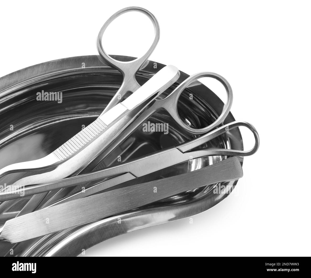 Surgical instruments in kidney dish on white background, top view Stock Photo