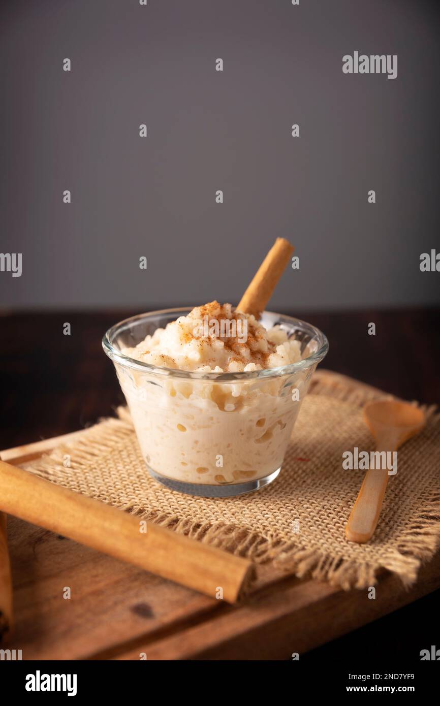 Rice pudding. Sweet dish made by cooking rice in milk and sugar, some