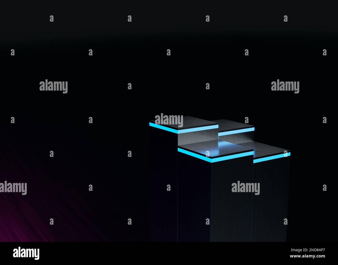 A 3d rendering of squares making stairs with blue neon lights on the ...