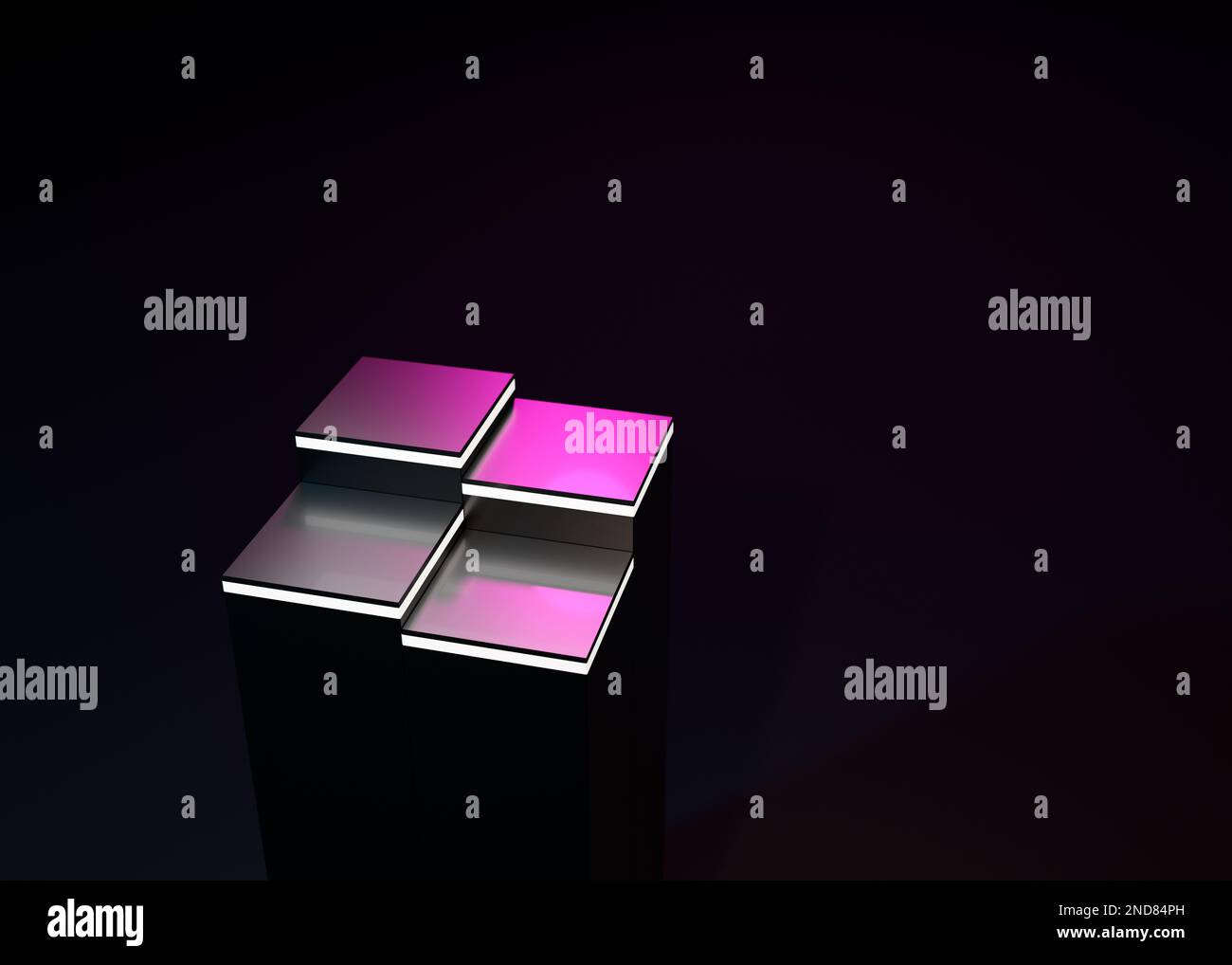 A 3d rendering of squares with blue and pink neon lights on the dark ...