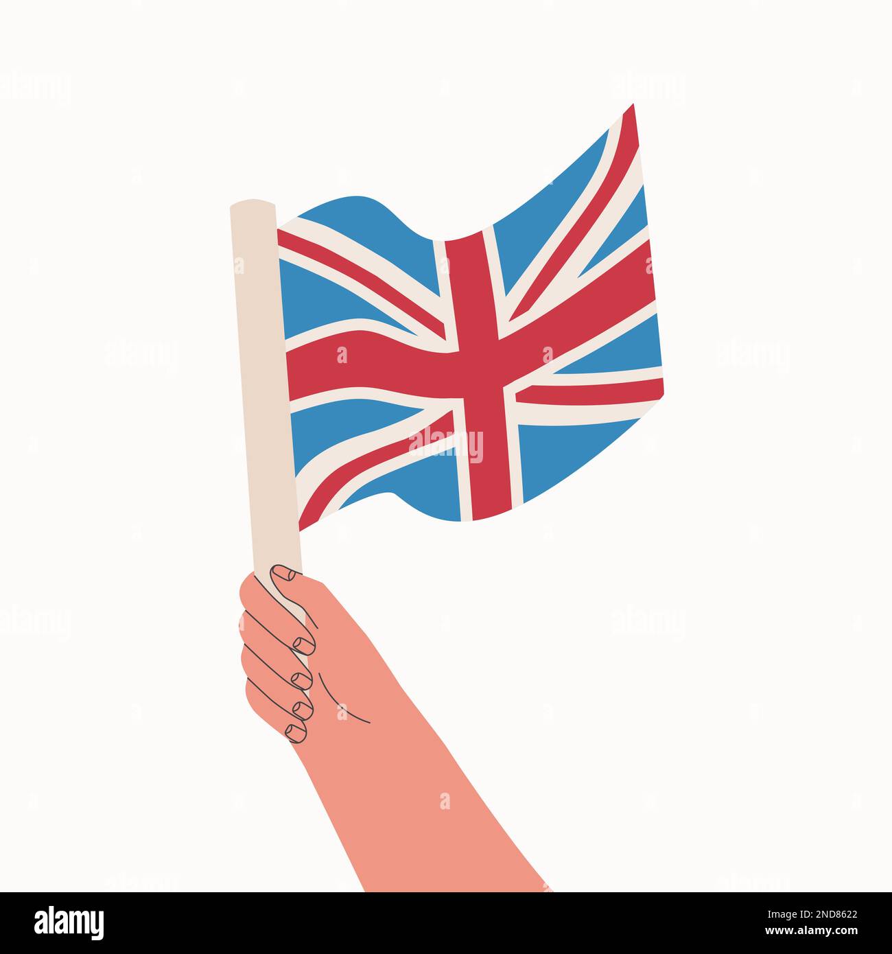Flag of Great Britain. Hand holds national British flag. Vector cartoon