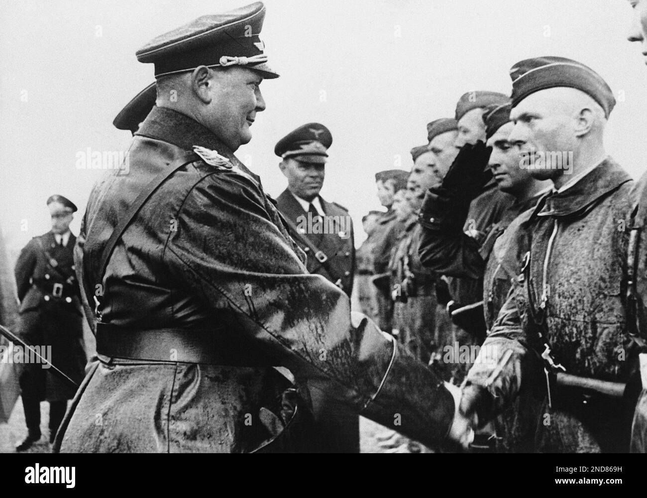 Field Marshal Hermann Goering congratulates successful German airmen in Poland in September 1939. (AP Photo) Stock Photo