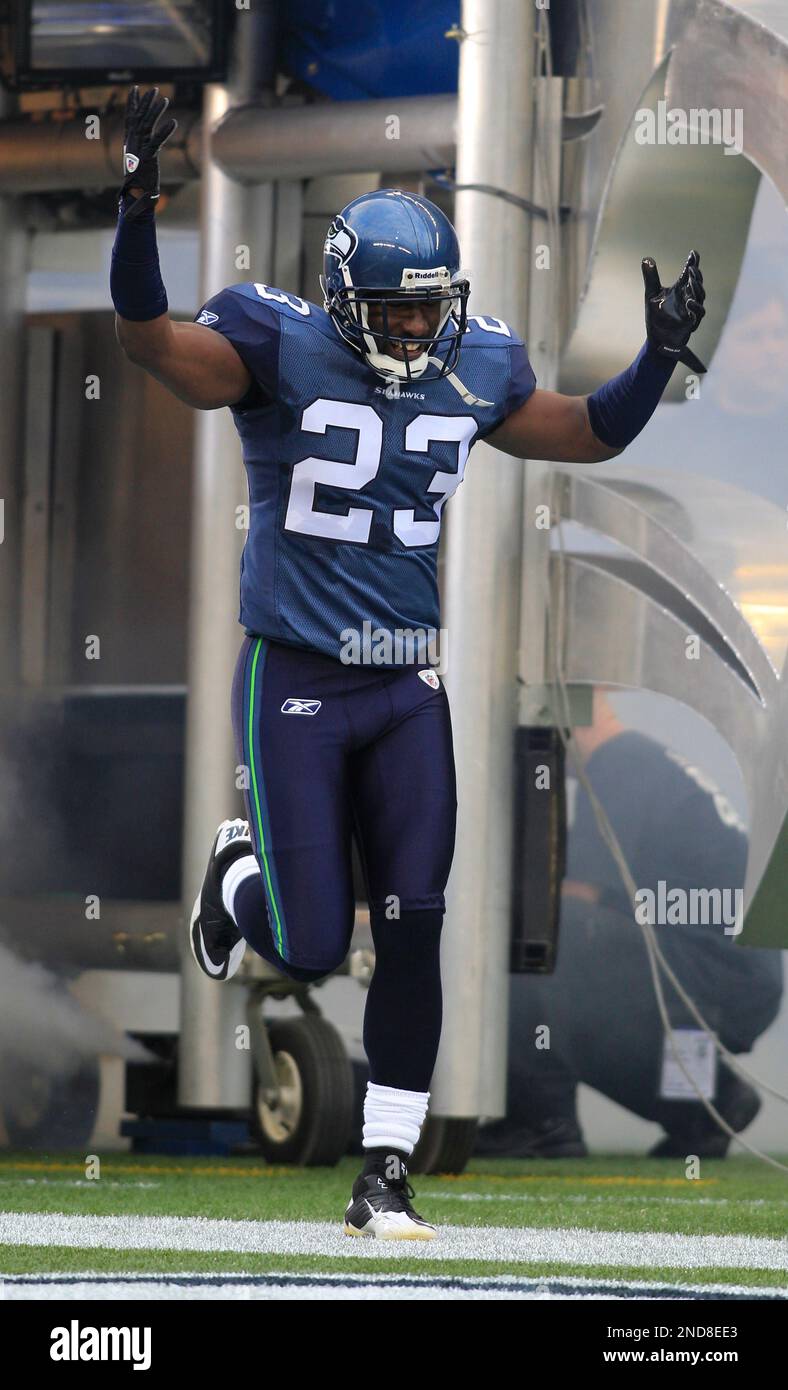 Seattle Seahawks' Marcus Trufant before the NFL preseason football game  against Green Bay Packers Saturday, Aug. 21, 2010, in Seattle. (AP  Photo/John Froschauer Stock Photo - Alamy