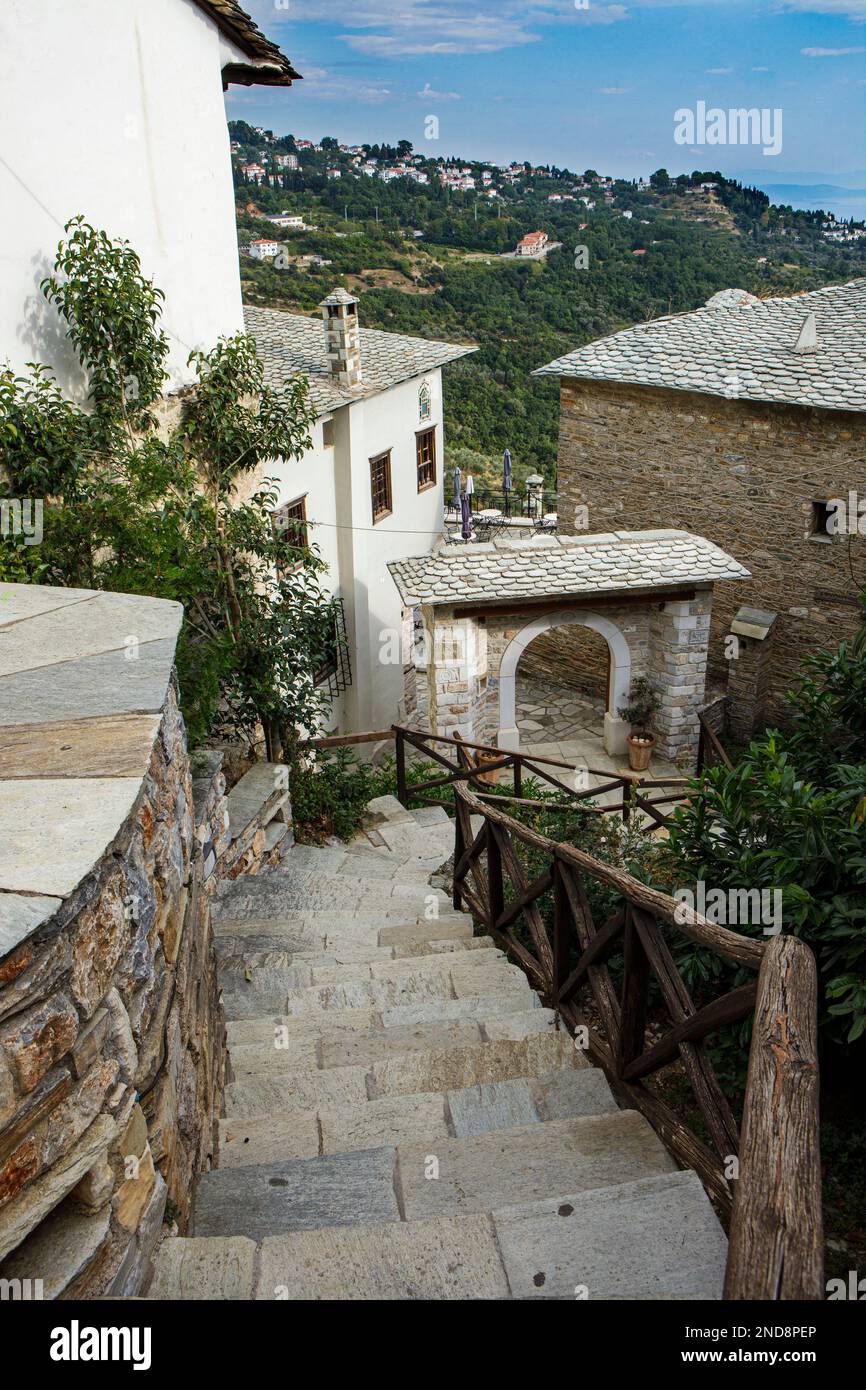 Street view of Makrinitsa village, a spectacularly traditional greek