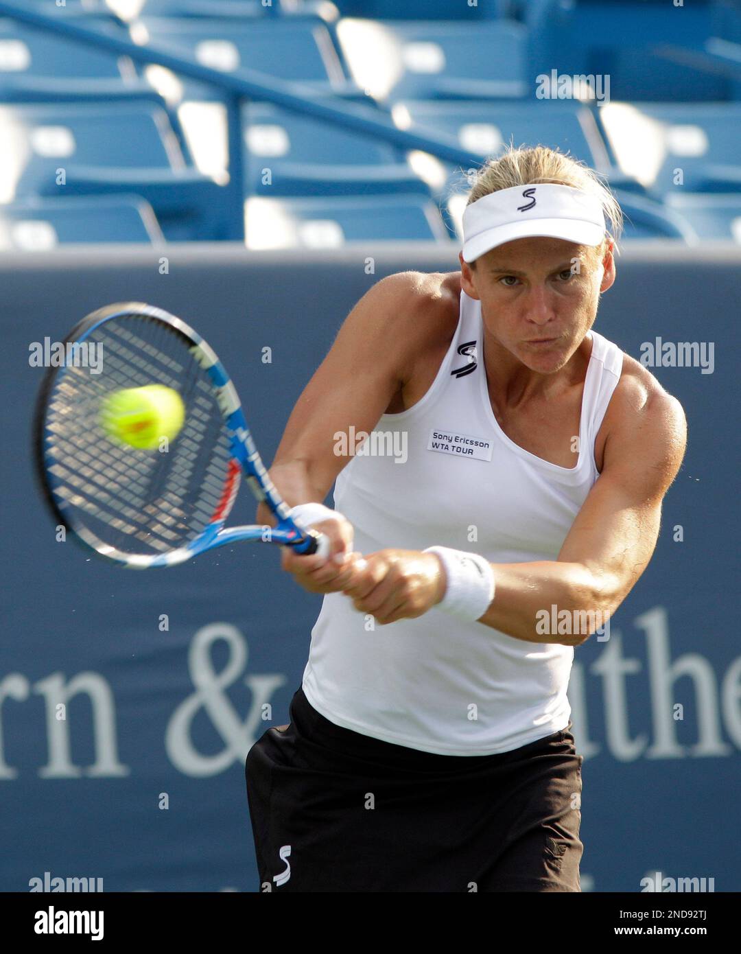 Sybille Bammer, from Austria, hits a forehand against Caroline Wozniacki,  from Denmark, during a match at the Cincinnati Open tennis tournament,  Wednesday, Aug. 11, 2010, in Mason, Ohio. (AP Photo/Al Behrman Stock