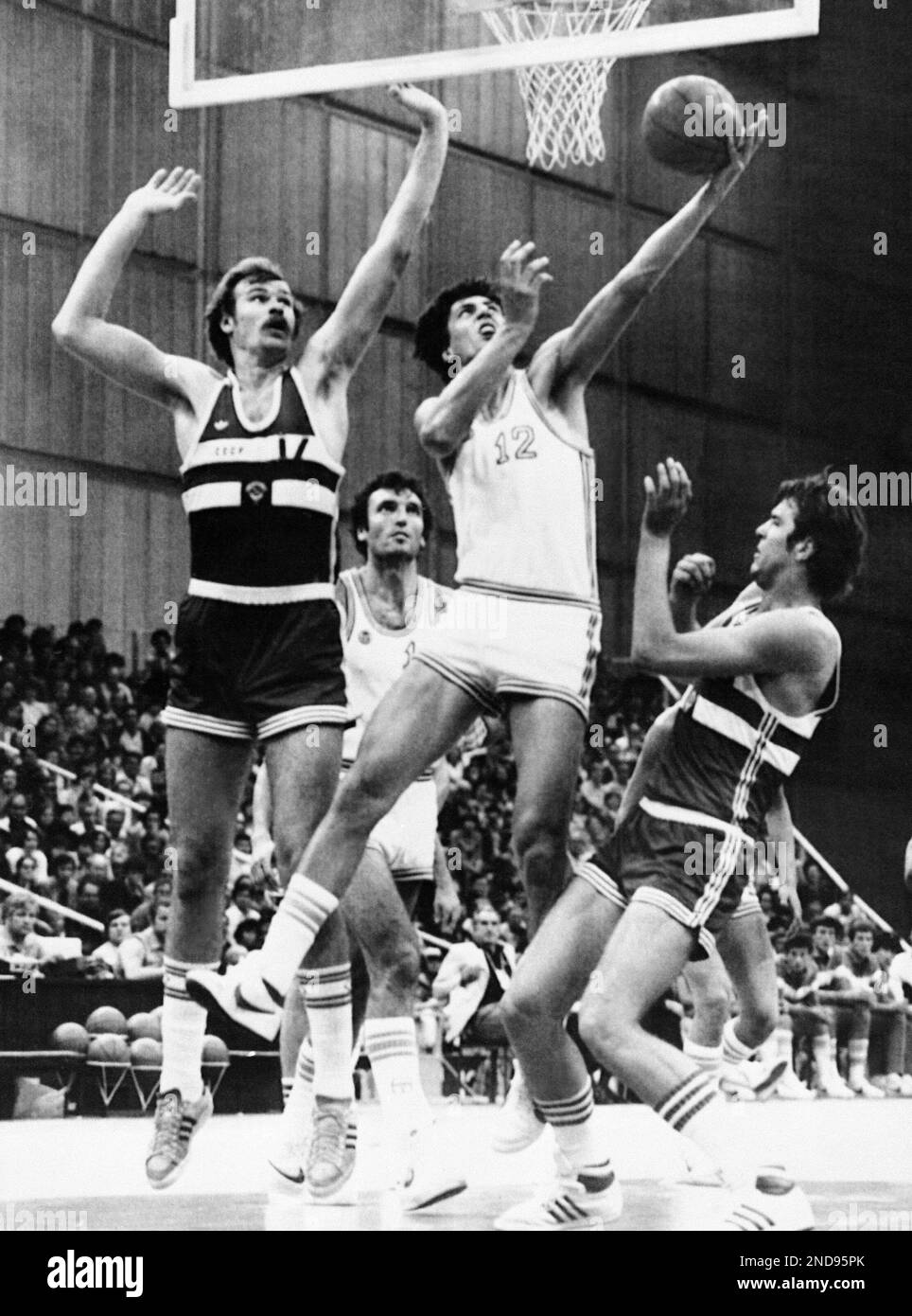 Final basketball match at Moscow Olympics in July 31, 1980. At left