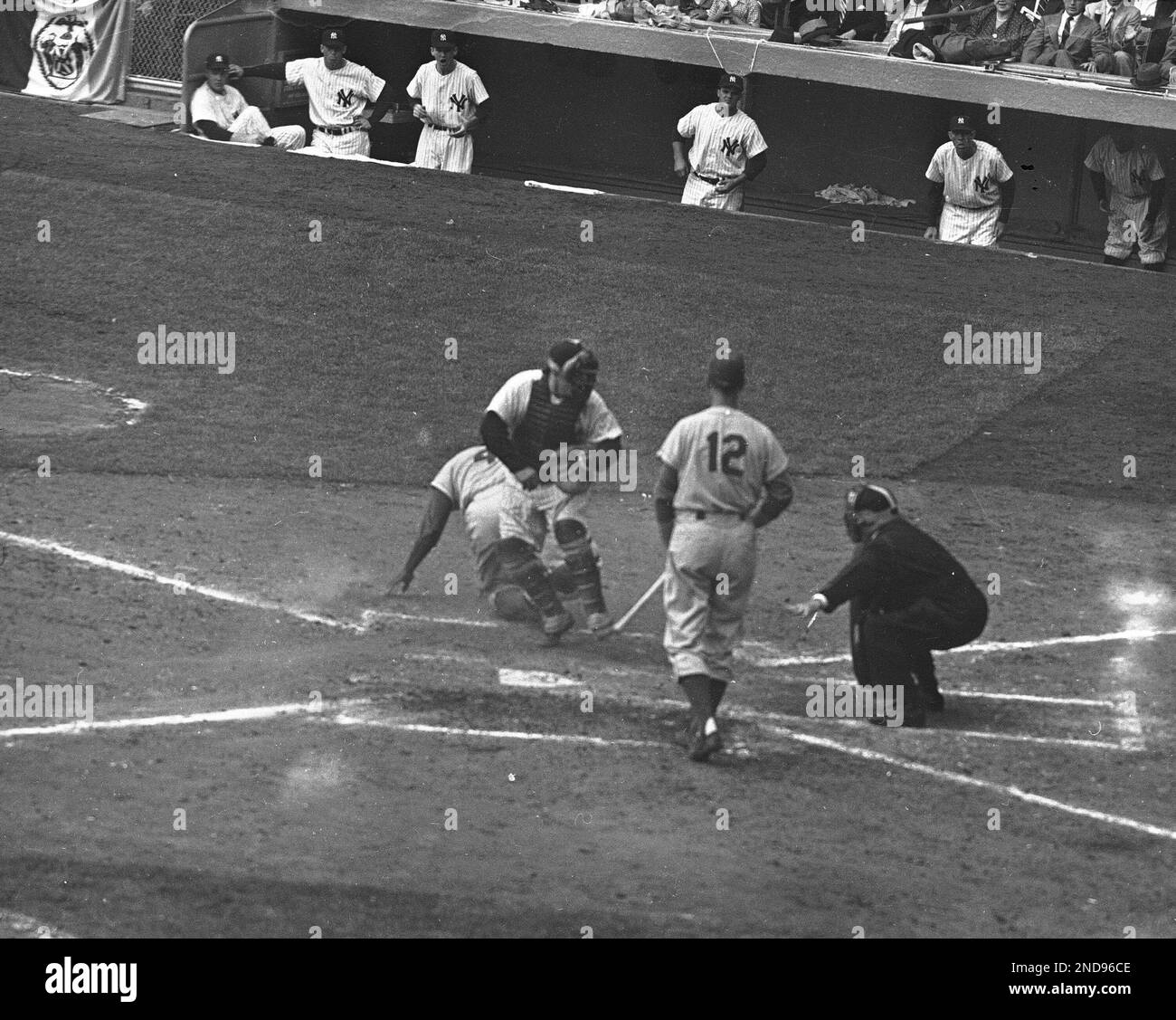 Jackie robinson stealing home Yogi Berra catcher in 1st game 1955 world  series Poster