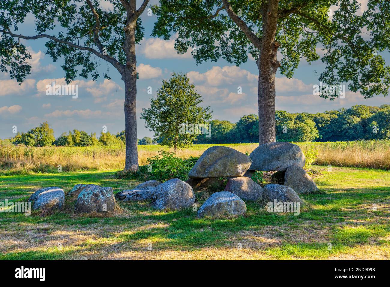 Hunebed or Dolmen D2 in the Dutch province of Drenthe  is a stone grave from the New Stone Age Stock Photo