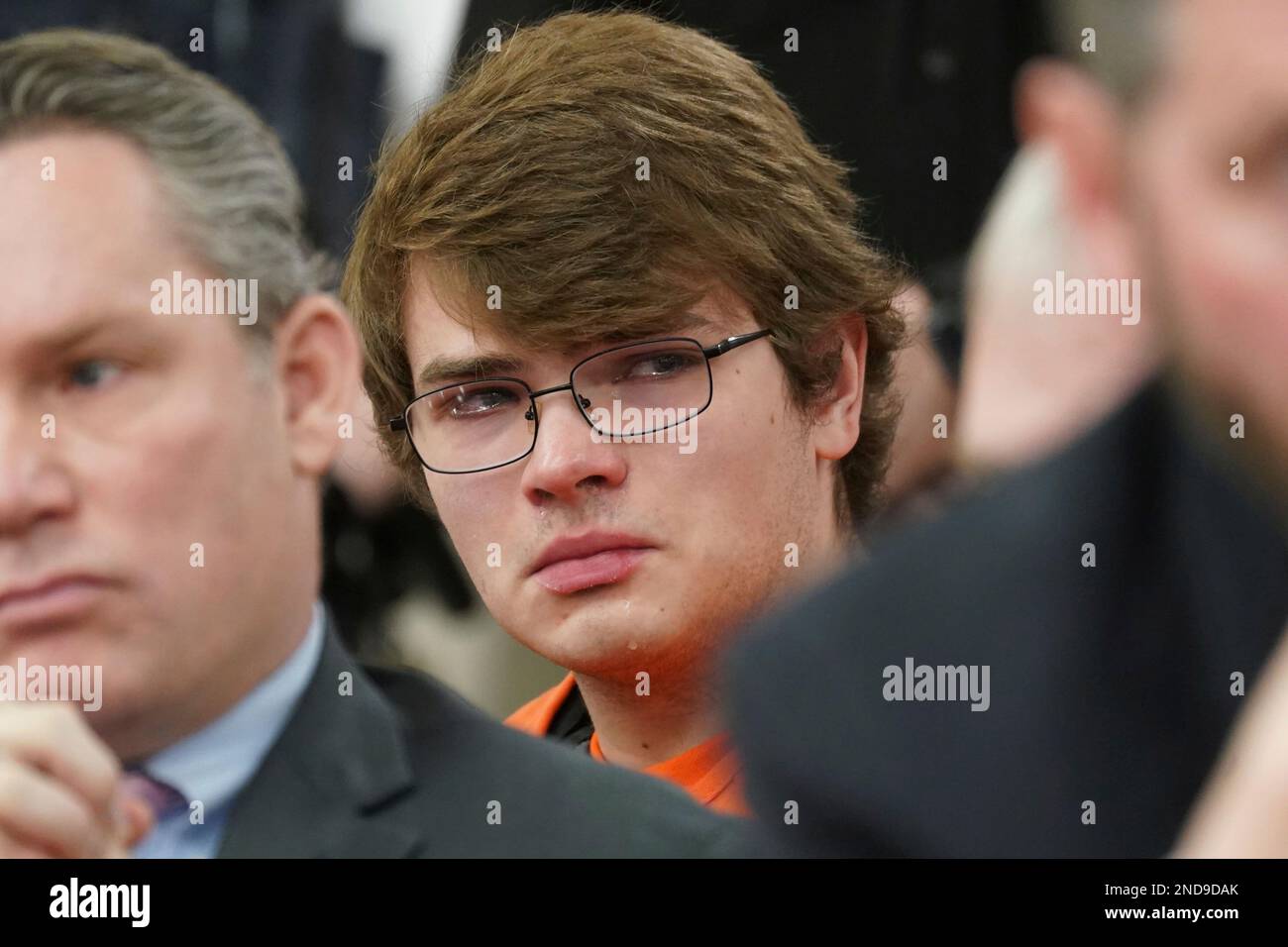 Payton Gendron weeps as he listens to the impact statement of Tamika