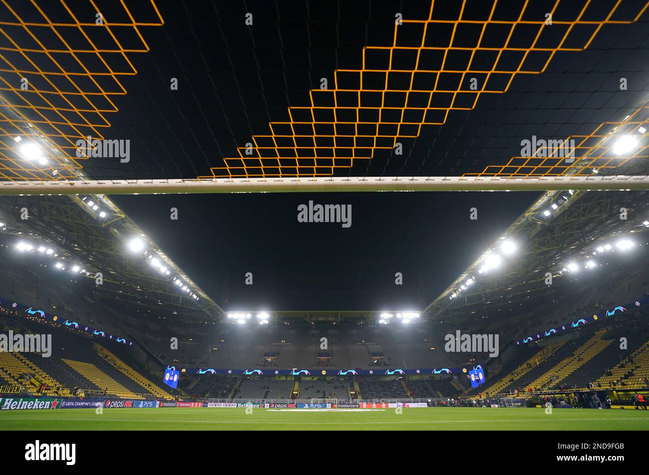 A general view of the goal and pitch ahead of the UEFA Champions League, round of 16 match at Signal Iduna Park, Dortmund, Germany. Picture date: Wednesday February 15, 2023. Stock Photo