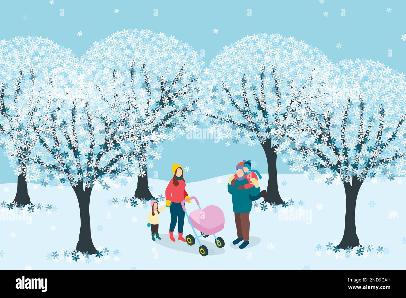 Vector family with two children and a stroller in winter park Stock Vector