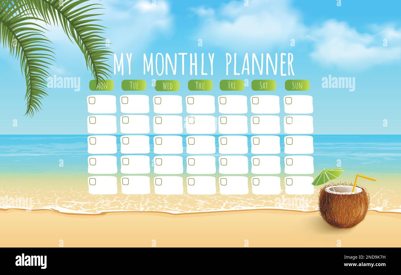Marine life monthly planner with a palm tree and a coconut. Vector ...