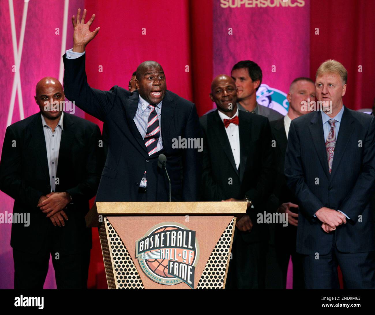 Basketball Hall of Fame inductees, members of the 1992 USA Olympic "Dream" Team, look on as