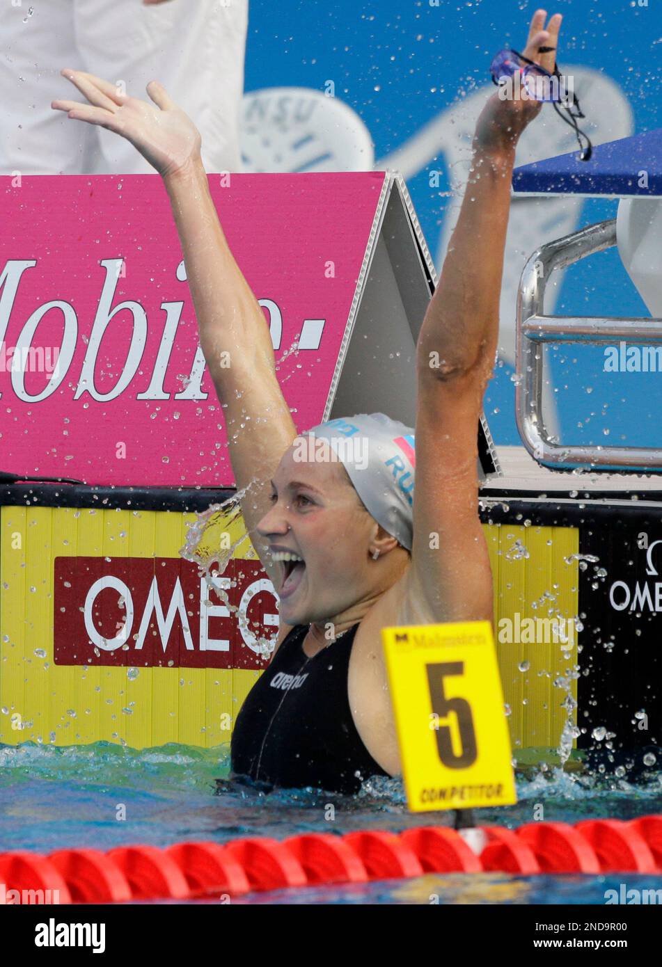 Russia's Anastasia Chaun celebrates winning the gold medal in the Women