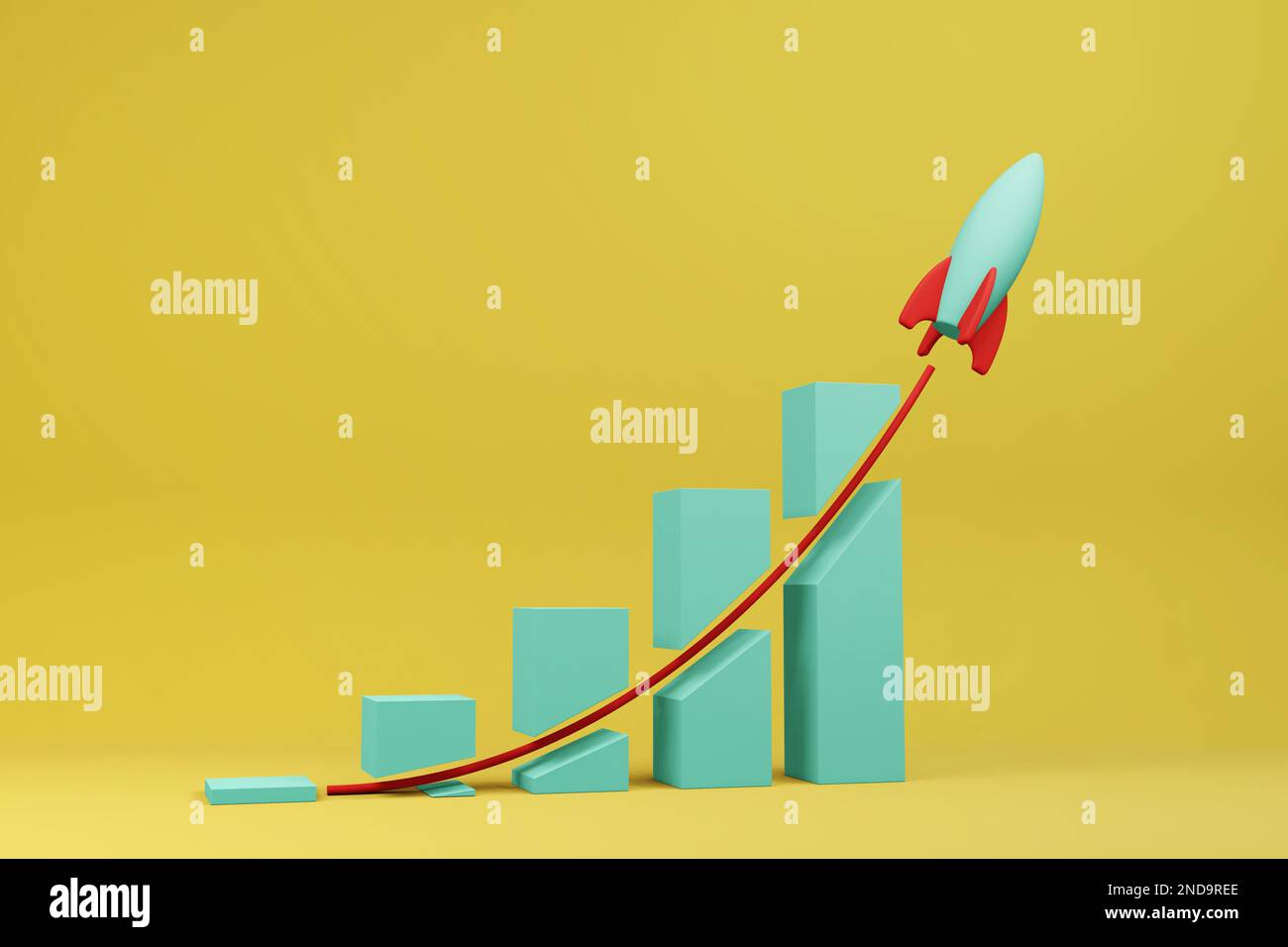 Toy rocket flying through a business bar chart. Illustration of the concept of profitable sale and increasing revenue Stock Photo