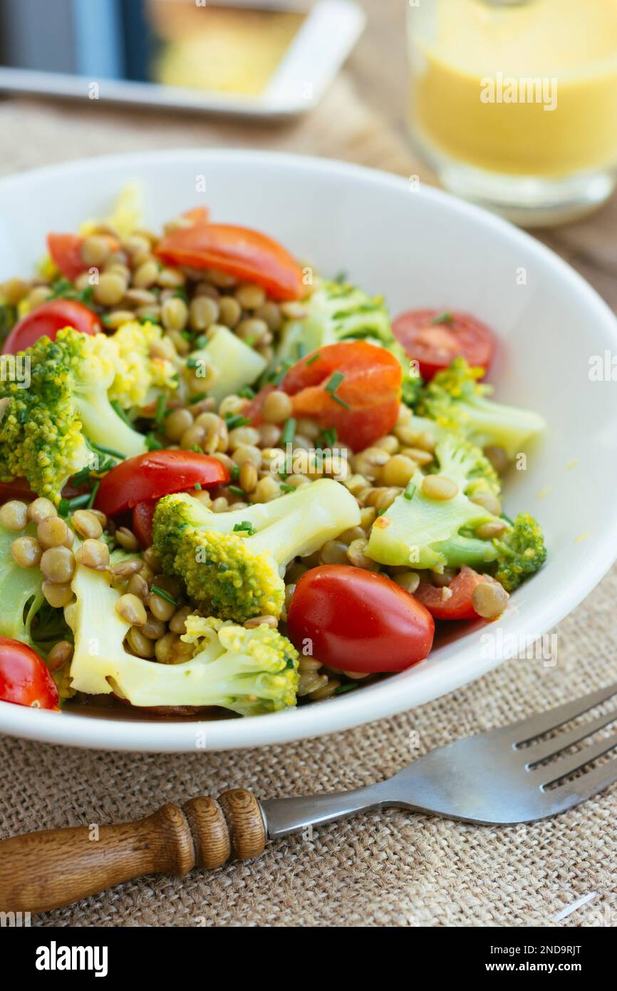 Broccoli Lentil Salad with Turmeric Soy Yogurt Dressing Stock Photo Alamy