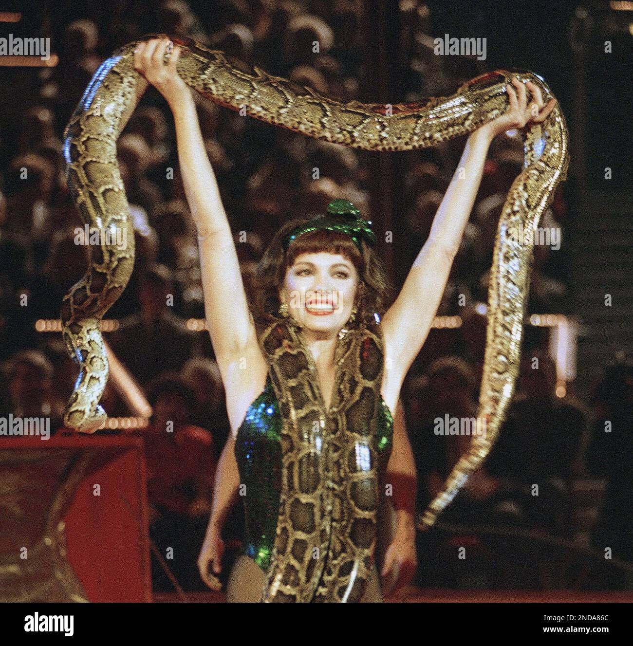 German actress Iris Berben performs with two boa constrictor snakes during the "Stars in the Arena" charity show at Circus Krone on Saturday, December 9, 1990 in Munich, Germany (AP Photo/Arne Dedert) Stock Photo