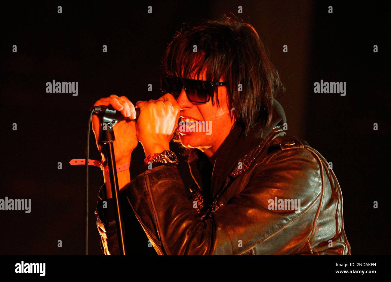 Julian Casablancas of The Strokes performs at the Lollapalooza music festival in Chicago on Friday, August 6, 2010. (AP Photo/Brian Kersey) Stock Photo