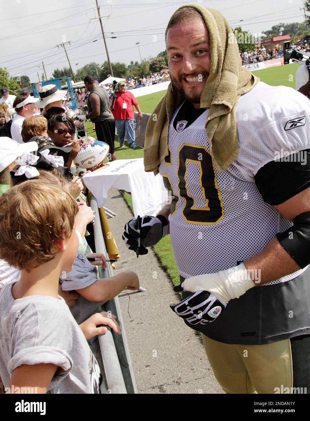 New Orleans Saints offensive lineman Nick Leckey (60) mugs for the