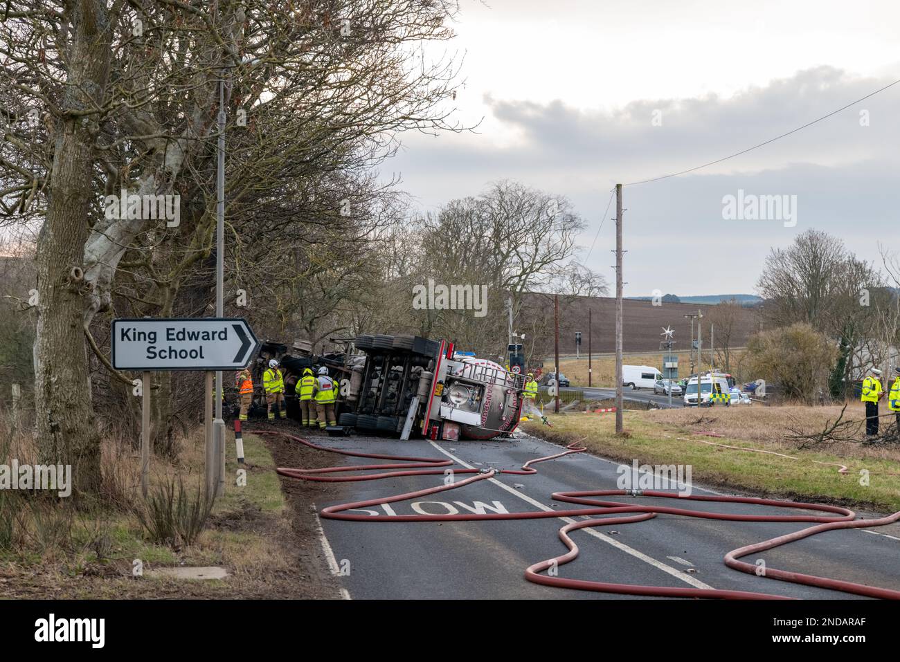 A947, King Edward, Aberdeenshire, UK. 15th Feb, 2023. This is the scene