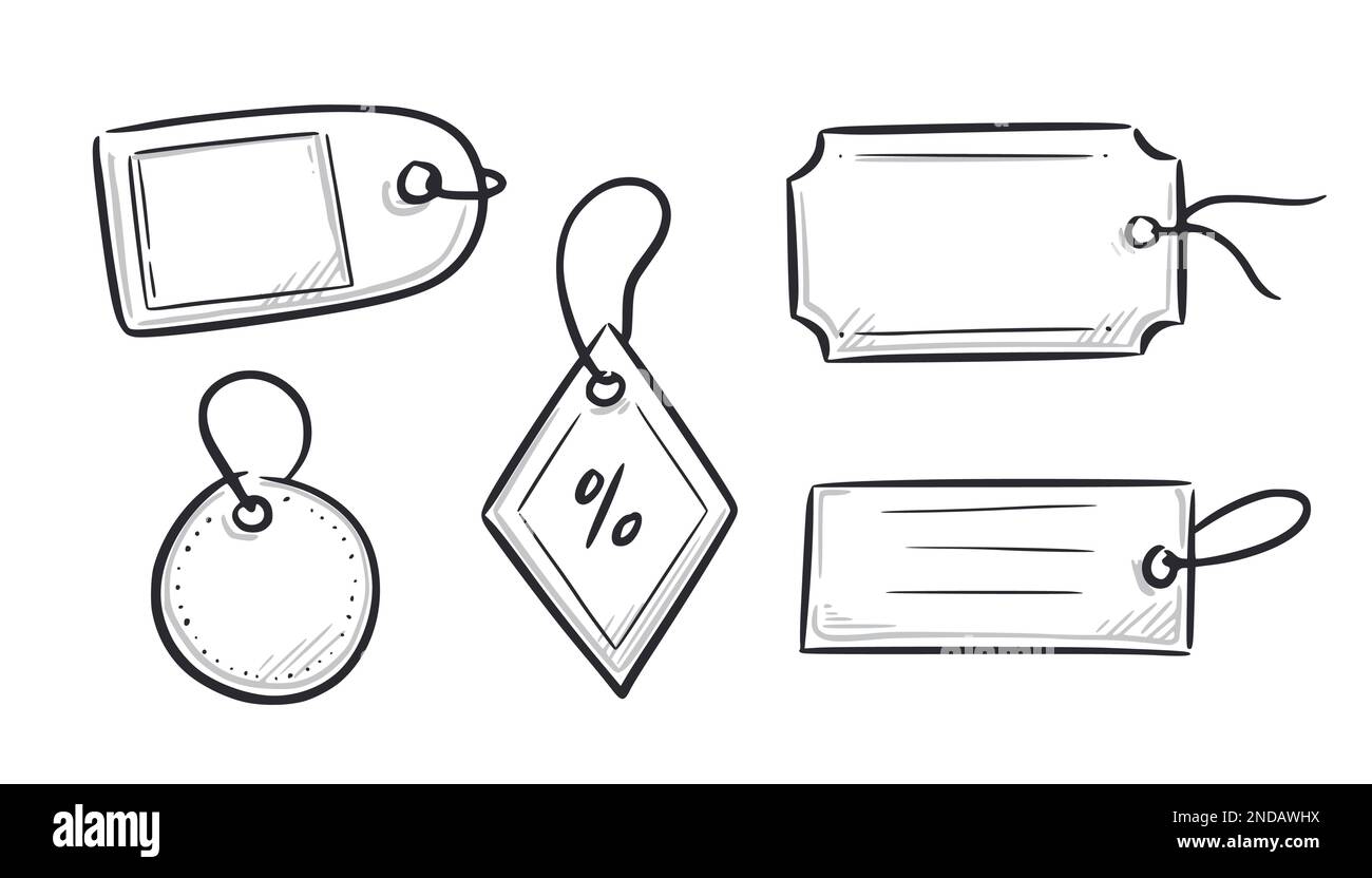 Price tag, gift label doodle element set. Price tag ribbon, discount