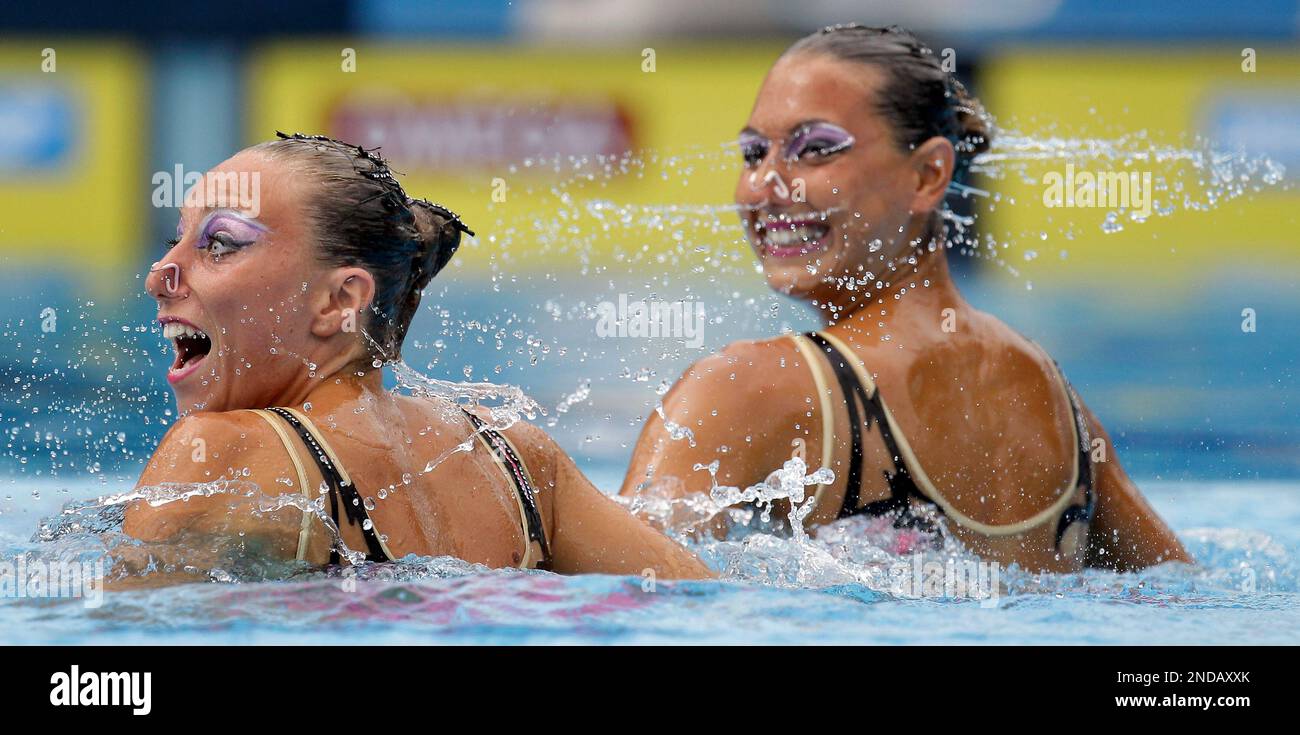 Manila Flamini and Giulia Lapi from Italy perform during a Synchronized Swimming Duet Technical Routine preliminary at the European Swimming Championships in Budapest, Hungary, Thursday, Aug